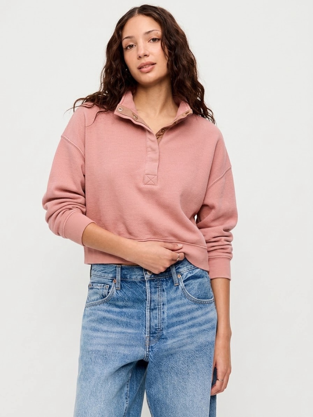American Eagle Outfitters Dusty Pink Cropped Quarter‑Button Pullover